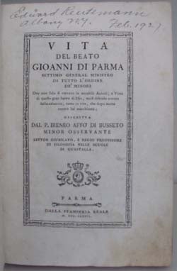 Item #20993 Vita del beato Gioanni di Parma settimo general ministro di tutto l'Ordine de' Minori. Ireneo Affò.
