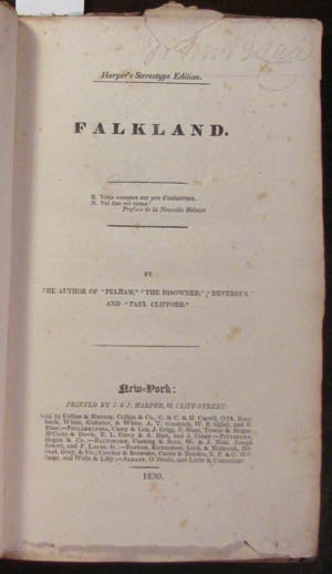 Item #22332 Falkland. By the Author of "Pelham," "The Disowned," "Devereux," and "Paul Clifford." Edward Bulwer-Lytton.