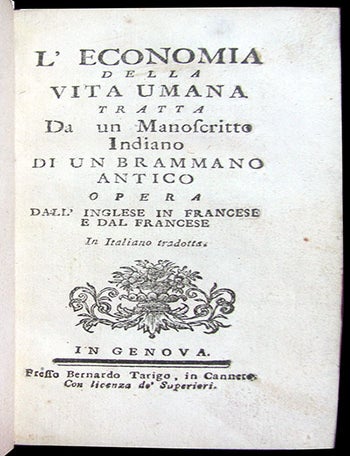 Item #25117 L'economia della vita umana tratta da un manoscritto indiano di un brammano antico. Opera dall'inglese in francese e dal francese in italiano tradotta. Robert Dodsley, Attributed to.