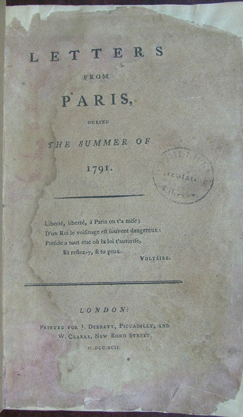 Item #27074 Letters from Paris, During the Summer of 1791. Stephen Weston.