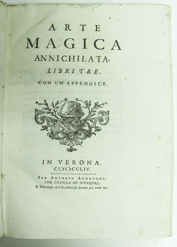 Item #27956 Arte magica annichilata. Libri tre. Con un’appendice. Francesco Scipione Maffei.
