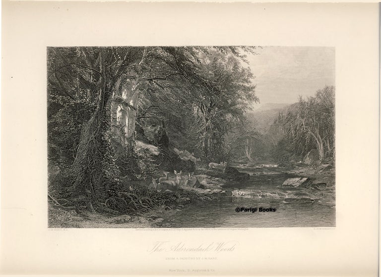 Item #28374 The Adirondacks Woods. Steel Engraving from a Painting by J. M. Hart. J. M. Hart, R. Hinshelwood.