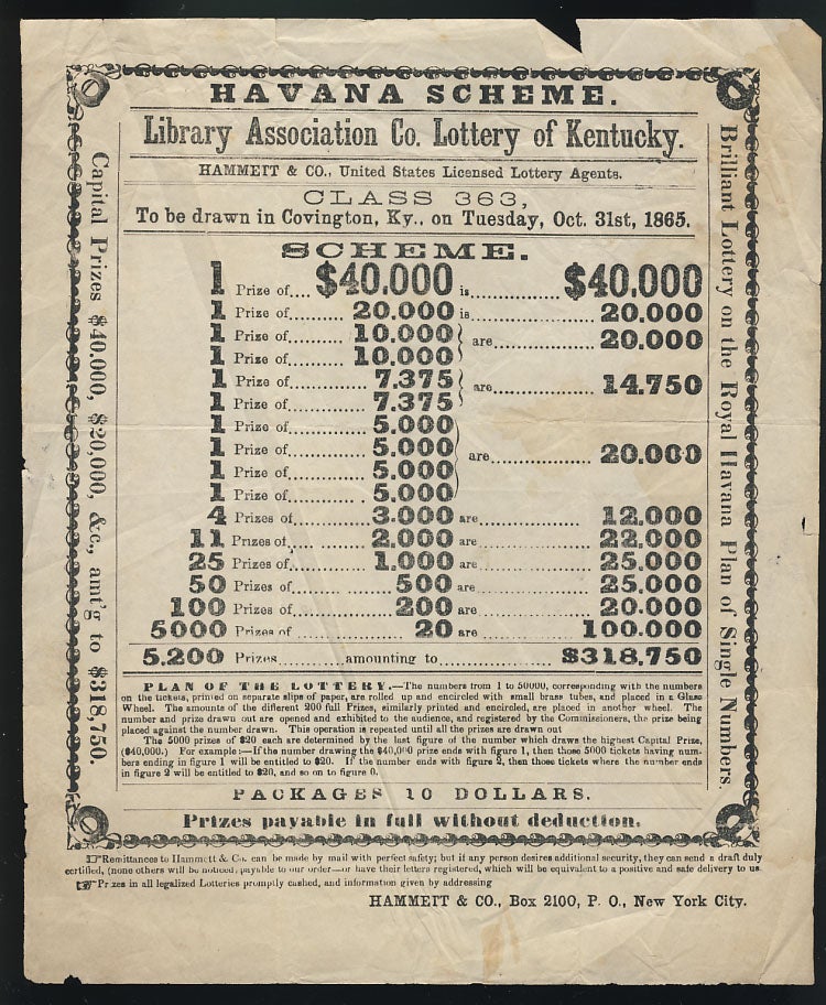 Item #28435 Broadside for Havana Scheme Drawing, Library Association Co. Lottery of Kentucky, to Be Drawn in Covington, KY, on Tuesday, Oct. 31st, 1865. State of Kentucky - Lottery Advertisement Broadside.