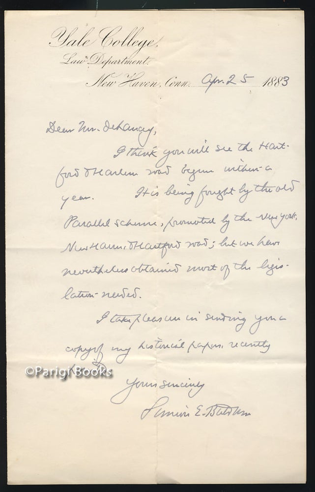 Item #28449 Autograph Letter Signed Regarding the Hartford & Harlem Railroad. Simeon Eben Baldwin.