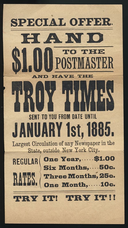 Item #28451 Advertisement Flyer for The Troy Times. State of New York - City of Troy.