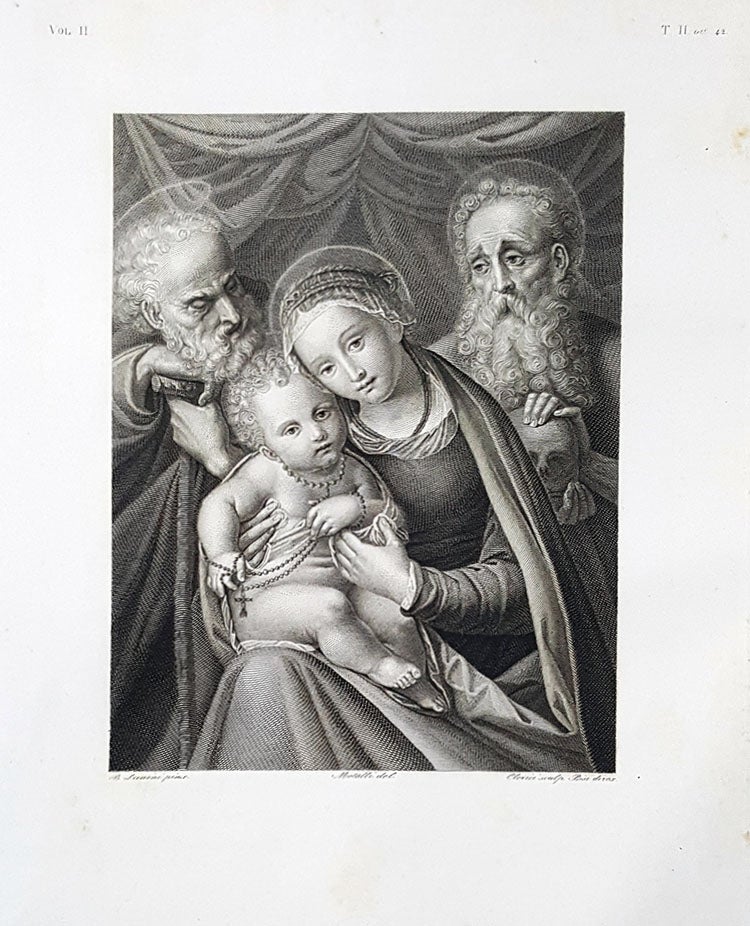 Item #30254 Maria Vergine col Bambino. San Giuseppe e San Girolamo. Etching from a Painting by Bernardino Lanini. Francesco Clerici, Lorenzo Metalli.
