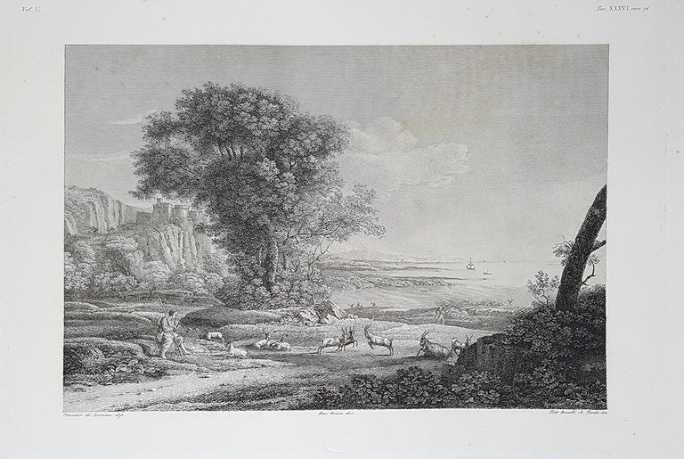 Item #30289 Paese e marina. Etching from a Painting by Claude Lorrain. Tito Boselli, Paolo Toschi, Enrico Gonin.