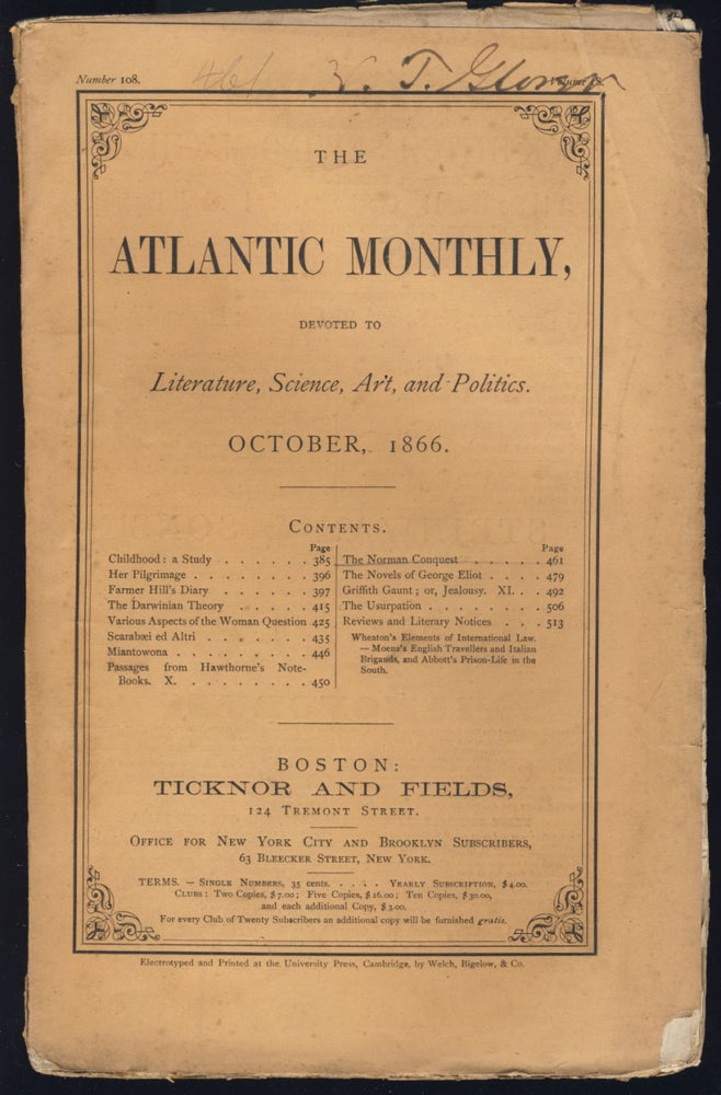Item #30587 Passages From Hawthorne’s Note-Books Part X in The Atlantic Monthly October 1866. Nathaniel Hawthorne.
