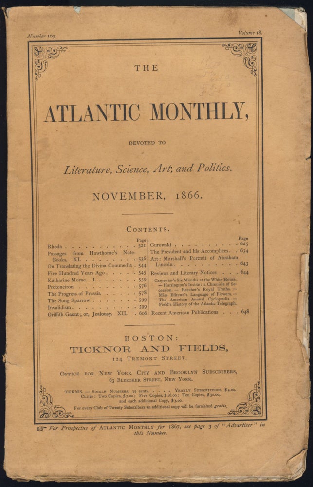 Item #30588 Passages From Hawthorne’s Note-Books Part XI in The Atlantic Monthly November 1866. Nathaniel Hawthorne.