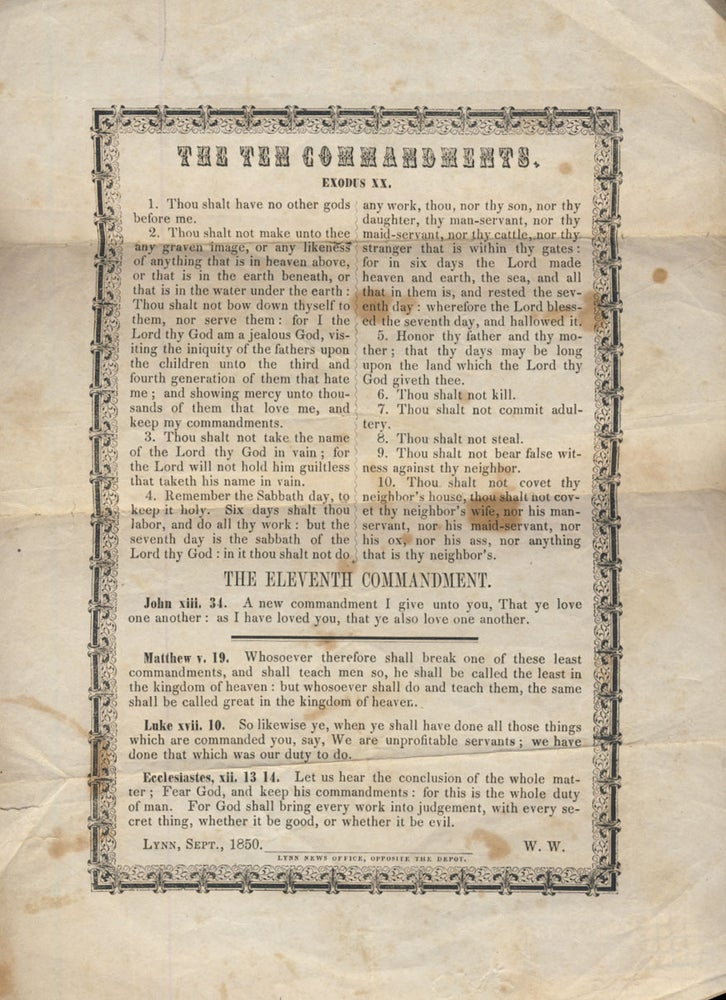 Item #30872 The Ten Commandments Printed Broadside. King's Lynn - Norfolk - England - Broadside.