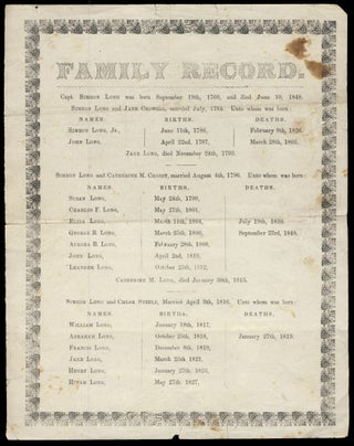 Item #30873 Family Record of [Captain] Simeon Long Printed Broadside. Genealogy - Family Records...