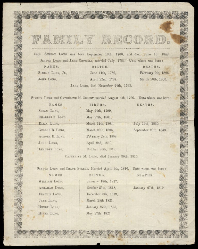 Item #30873 Family Record of [Captain] Simeon Long Printed Broadside. Genealogy - Family Records - Nantucket - Massachusetts.