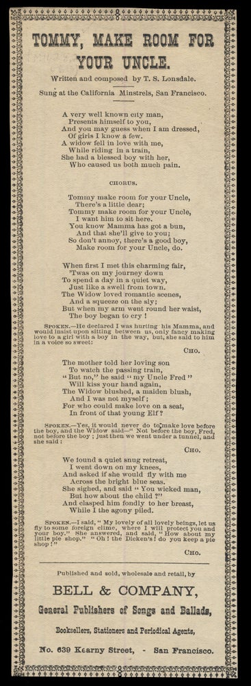 Item #30876 Tommy, Make Room for Your Uncle. Broadside Ballads - California - T. S. Lonsdale.
