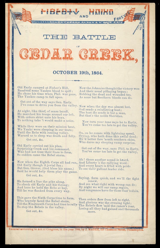 Item #30878 The Battle of Cedar Creek, October 19th, 1864. Liberty and Union Forever. Broadside - American Civil War - Virginia.