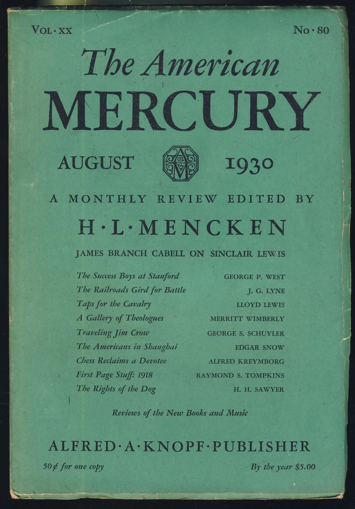 Item #31233 A Note as to Sinclair Lewis in The American Mercury August 1930. James Branch Cabell.