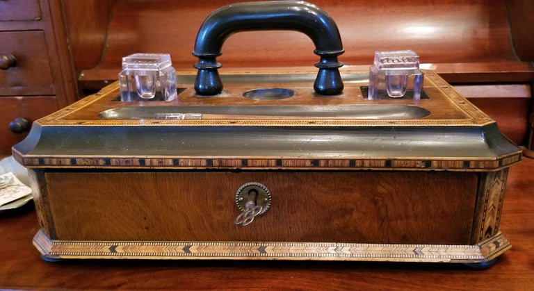 Item #32450 Antique Portable Writing Desk with Glass Inkwells. Vintage Writing Desks.
