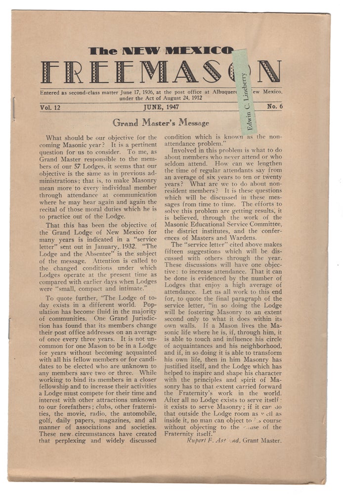 Item #32559 The New Mexico Freemason June, 1947. New Mexico - Albuquerque.