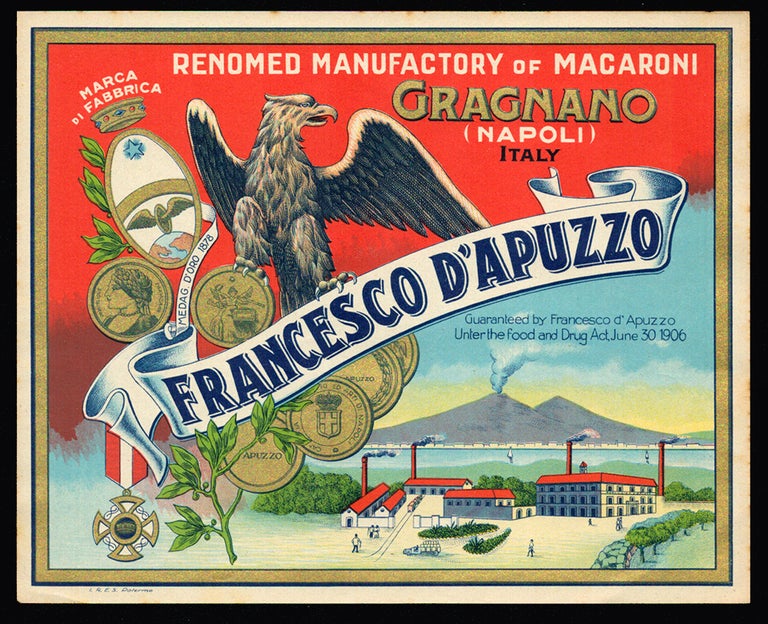 Item #33999 Vintage Francesco D'Apuzzo Pasta Label. Italy - Gragnano - Pasta Crate Labels.
