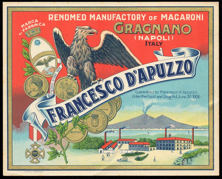 Item #34001 Vintage Francesco D'Apuzzo Pasta Label. Italy - Gragnano - Pasta Crate Labels.