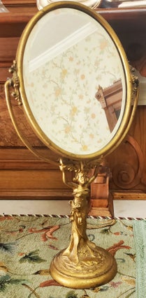 Item #34819 Cast Iron Art Nouveau Standing Lady Vanity Mirror. Art Nouveau