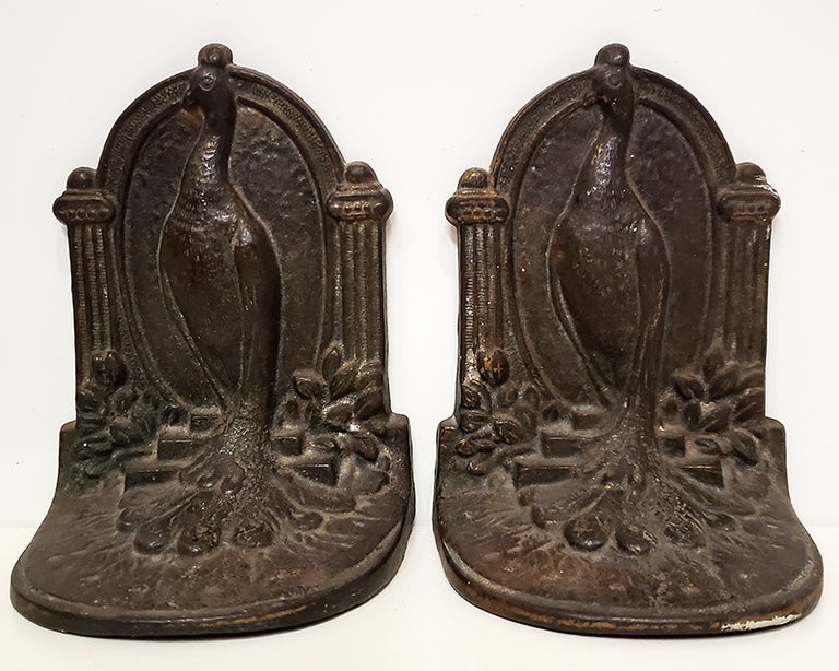 Item #34827 Vintage Cast Iron Art Nouveau Peacock Bookends. Bookends.