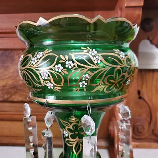 Pair of Victorian Green and Gilt Art Glass Mantel Lusters