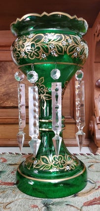 Pair of Victorian Green and Gilt Art Glass Mantel Lusters
