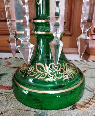 Pair of Victorian Green and Gilt Art Glass Mantel Lusters
