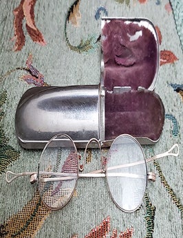 Item #34922 Victorian Nickel Spectacles Case Complete with Spectacles. Victorian Era.