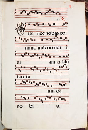 16th Century Manuscript Antiphonal Leaf with Initials on Vellum.