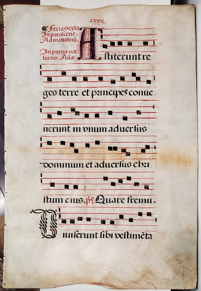 Item #35000 16th Century Manuscript Antiphonal Leaf with Initials on Vellum. Illuminated Manuscript - Roman Catholic Church.
