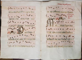 16th Century Manuscript Antiphonal Double Leaf with Initials on Vellum.