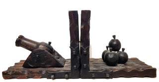 Item #35219 Vintage Carved Wood and Iron Cannon and Cannonballs Bookends. Bookends