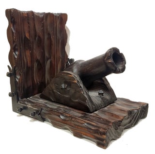 Vintage Carved Wood and Iron Cannon and Cannonballs Bookends.