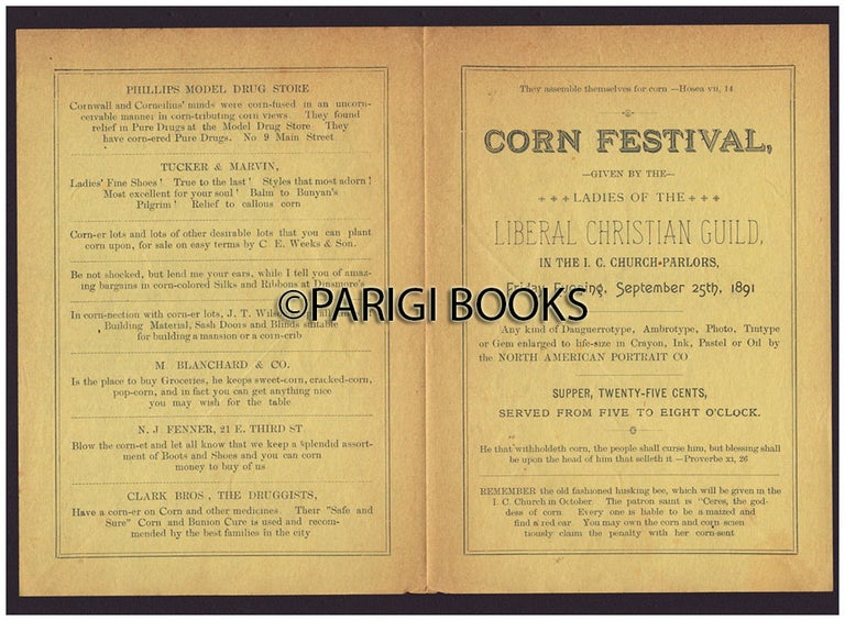 Item #35645 Leaflet for the Corn Festival Held by the Ladies of the Liberal Christian Guild on September 25th, 1891. New York State - Jamestown.