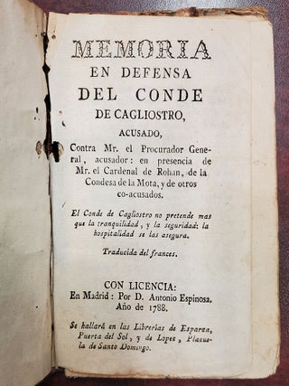 Item #35790 Memoria en defensa del Conde de Cagliostro, acusado, contra Mr. el Procurador...