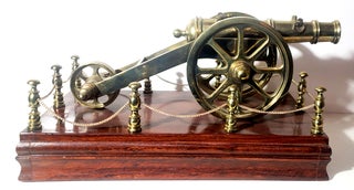 Large Desktop Brass Cannon with Wooden Base.