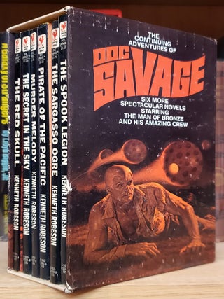Set of Six Doc Savage Novels in the Original Slipcase. (The Red Skull, The Spook Legion, The Secret in the Sky, Pirate of the Pacific, Murder Melody, The Sargasso Ogre).
