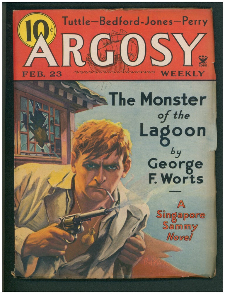Item #38617 The Monster of the Lagoon Part I (A Singapore Sammy Novel) in Argosy February 23, 1935. George F. Worts.