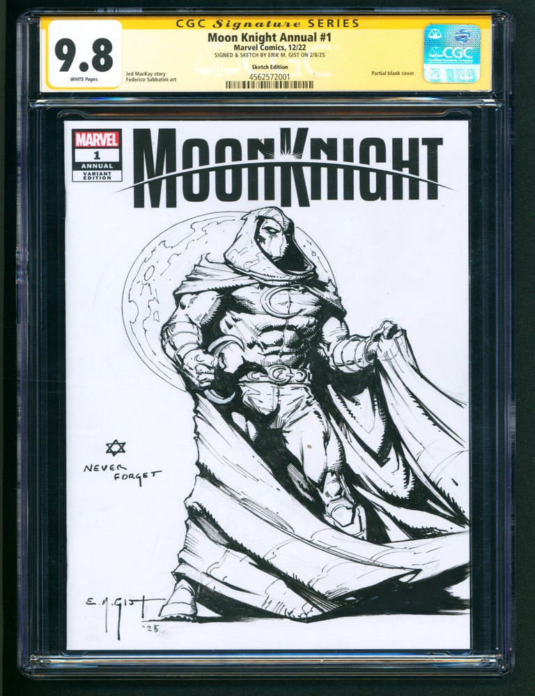 Item #39909 Moon Knight Annual #1 Blank Variant CGC Signature Series 9.8 Signed and with a Moon Knight Sketch by Erik M. Gist. Jed MacKay, Federico Sabbatini, Erik Gist.